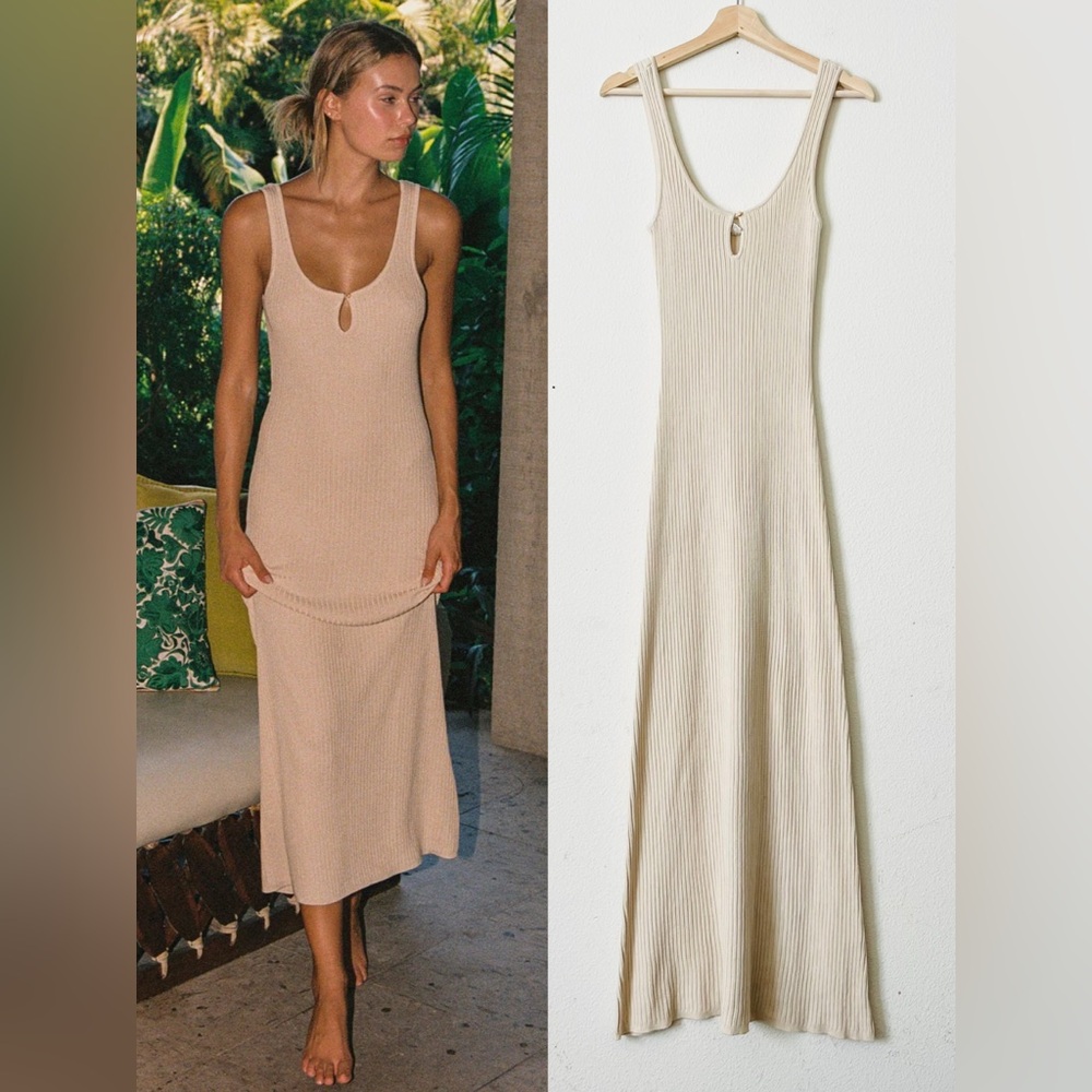 Lspace SMALL En Route knit ribbed maxi dress in Oat cream color